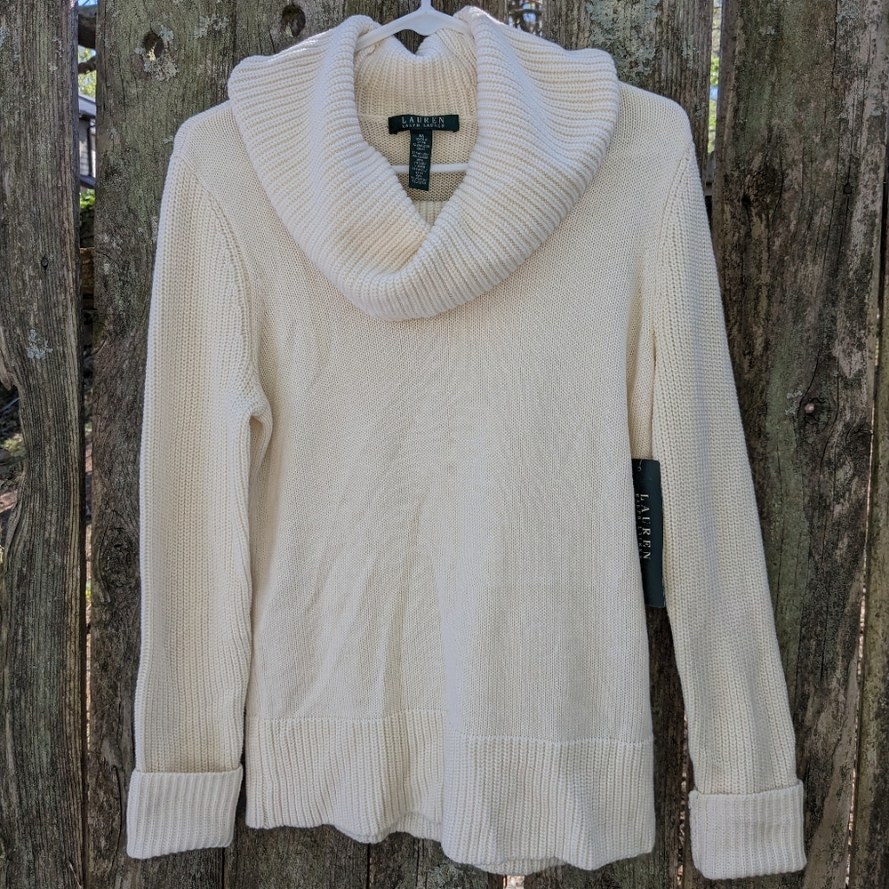 NWT Lauren Ralph Lauren Women's Size Medium Cream Cowl neck Sweater Wool Blend